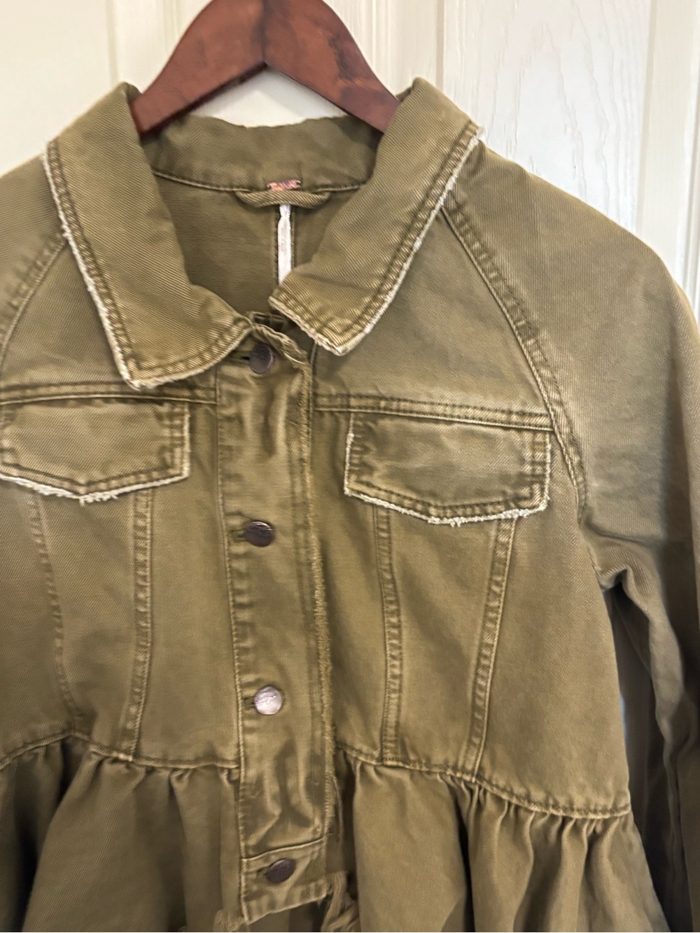 Free People Olive Ruffle Hem Denim Jacket Lace‑Up Cuffs XS - Picture 6 of 13